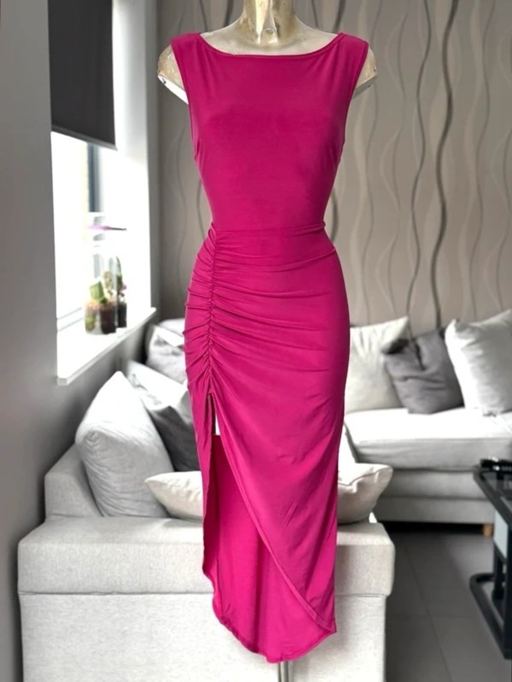 Elegant Fuchsia Ruched Maxi Dress with Front Slit